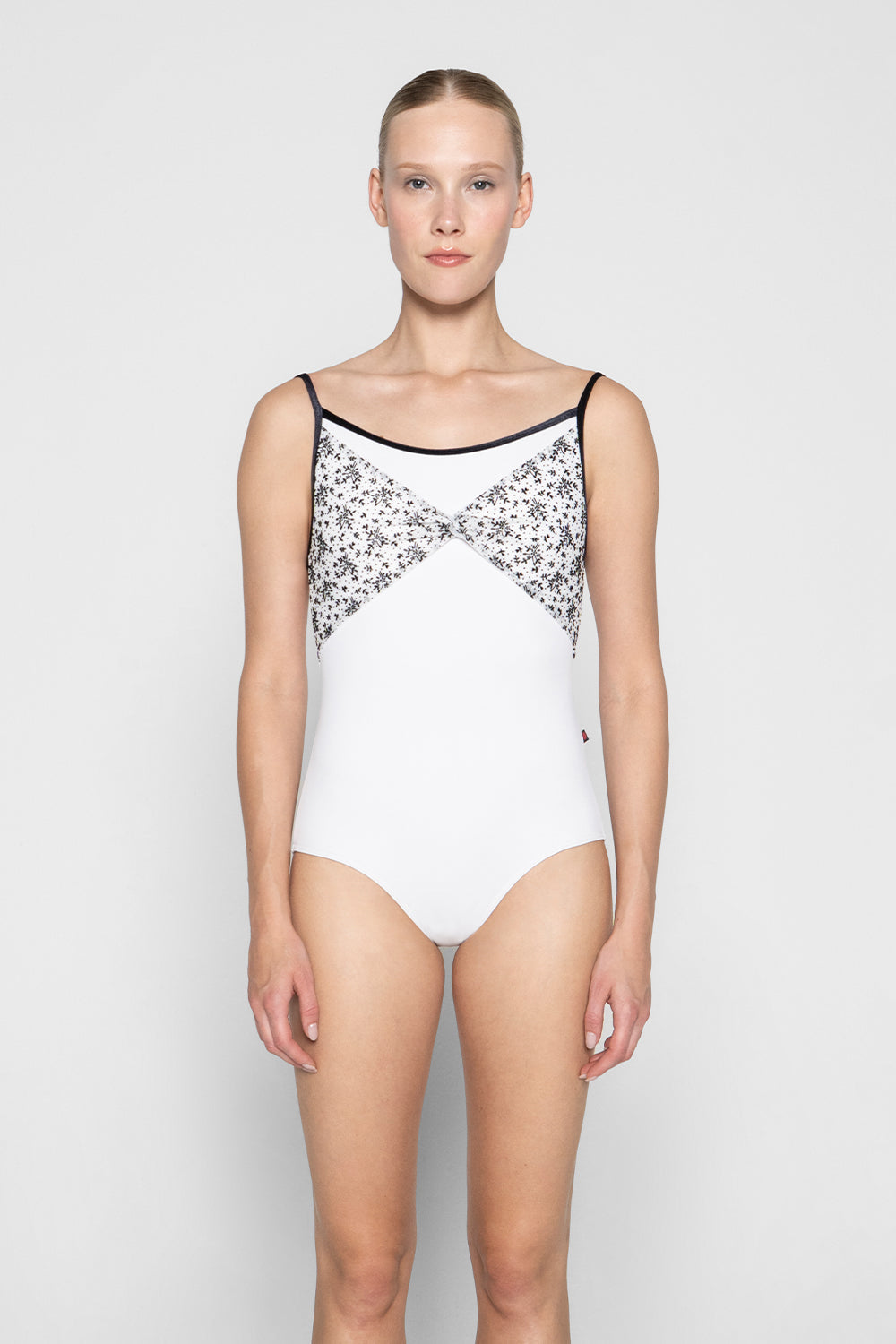 Kathy black label leotard in T-White body color with Velvet Flocking Mesh top color and V-Black trim color