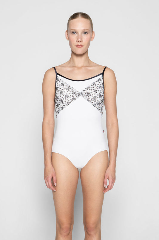 Kathy black label leotard in T-White body color with Velvet Flocking Mesh top color and V-Black trim color