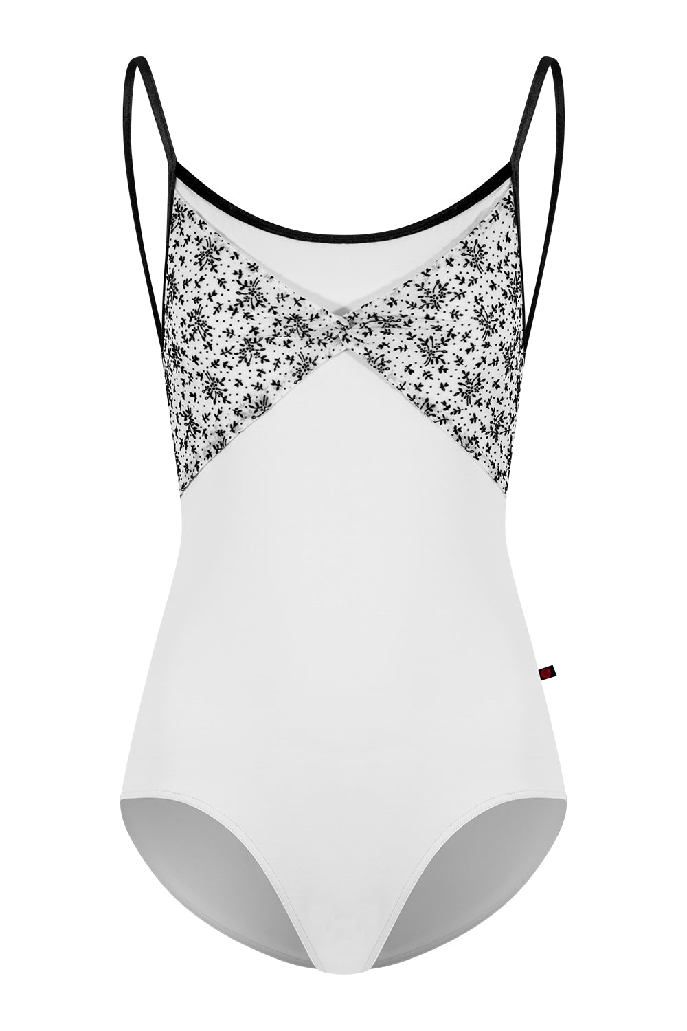 Kathy black label leotard in T-White body color with Velvet Flocking Mesh top color and V-Black trim color