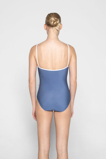Kathy leotard in N-Arctic body color, CV-White trim color with Mesh Dark Blue overlay