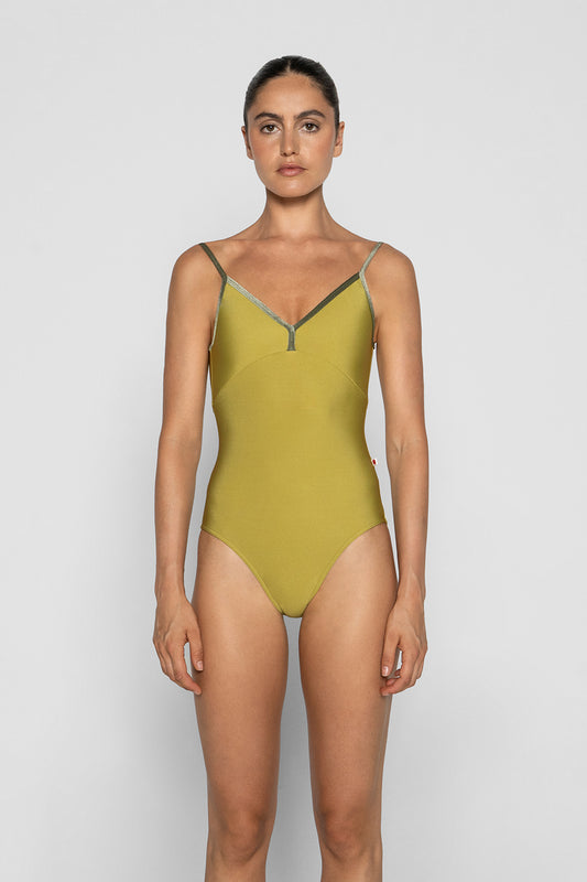 Daria leotard in N-Cricket body & top color with V-Safari trim color