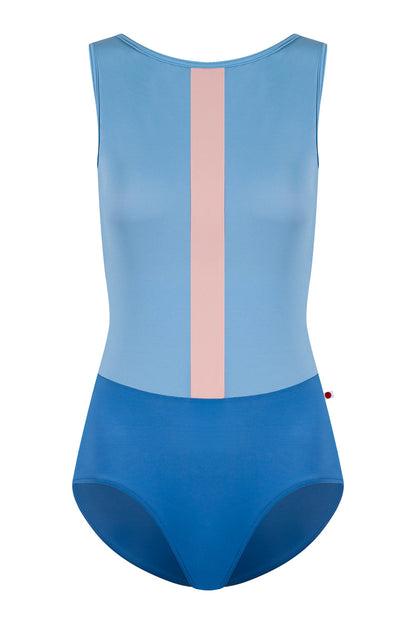 Didi leotard in T-Lapis body color with T-Bluebell top & trim color and T-Petal middle band color