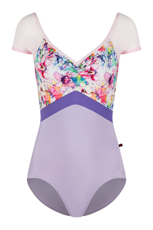 Elli Variation 1 Black Label leotard in N-Poem body color with Floral Print & Mesh Rose top color, N-Rose trim color and T-Wisteria middle band color