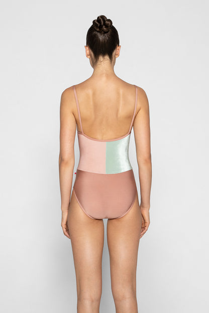 Kayoko leotard in N-Rosewood boyd & trim color with V-Meadow right panel color and V-Blush left panel color