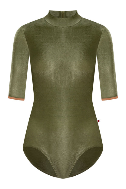 Kumiko leotard in V-Safari body color & half sleeves and T-Sepia trim color