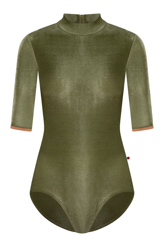 Kumiko leotard in V-Safari body color & half sleeves and T-Sepia trim color