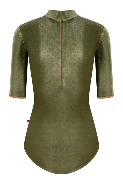 Kumiko leotard in V-Safari body color & half sleeves and T-Sepia trim color
