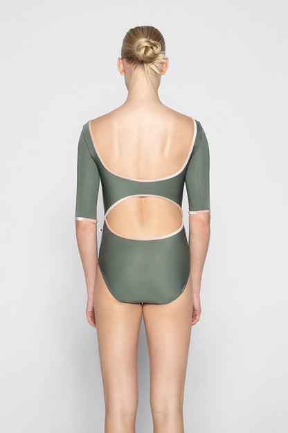 Veronique leotard in N-Sage body color & half sleeves with V-Blush trim color