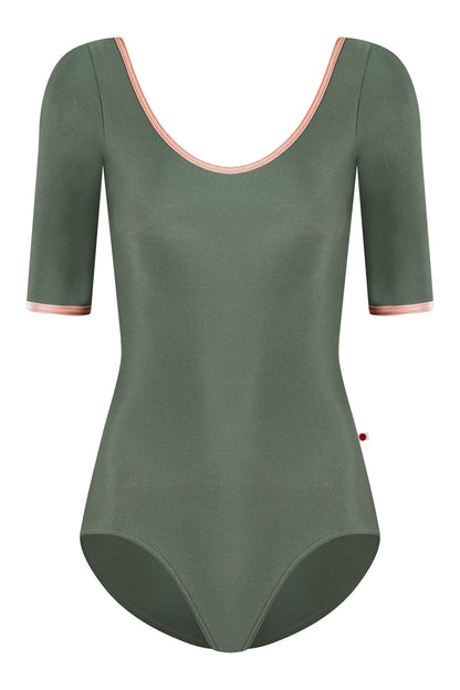 Veronique leotard in N-Sage body color & half sleeves with V-Blush trim color