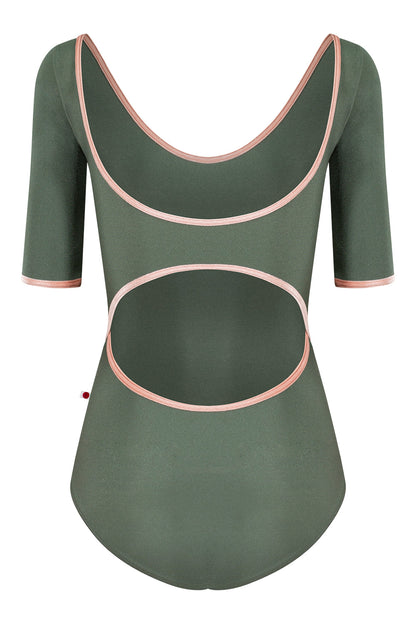 Veronique leotard in N-Sage body color & half sleeves with V-Blush trim color