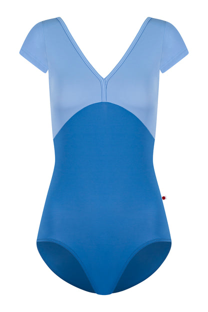 Alicia leotard in T-Lapis body color with T-Paradise top, trim and short sleeve color