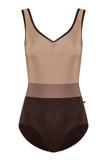 Lucy leotard in N-Espresso body color with N-Toffee top color, N-Star middle band color and N-Espresso trim color