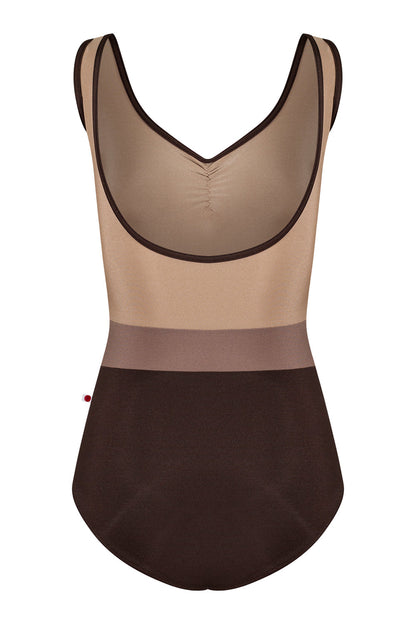 Lucy leotard in N-Espresso body color with N-Toffee top color, N-Star middle band color and N-Espresso trim color