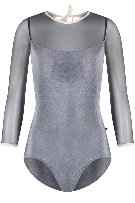 Olivia leotard in V-Steel body color with Mesh Titanium top color & 3Q sleeves and V-Buttermilk trim color