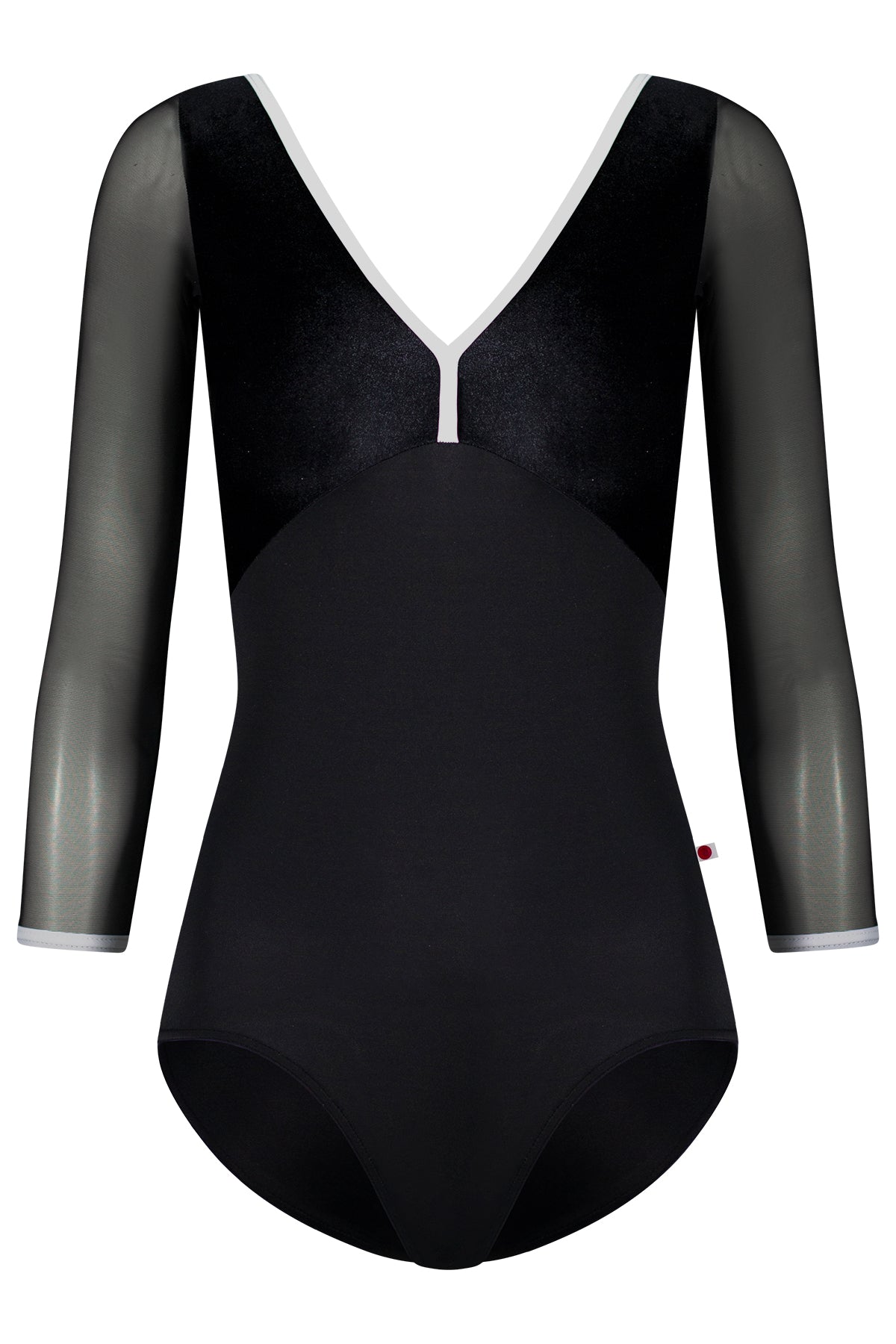Alicia leotard, black with a black velvet V-neck bodice, white trim and sheer black mesh three-quarter sleeves.