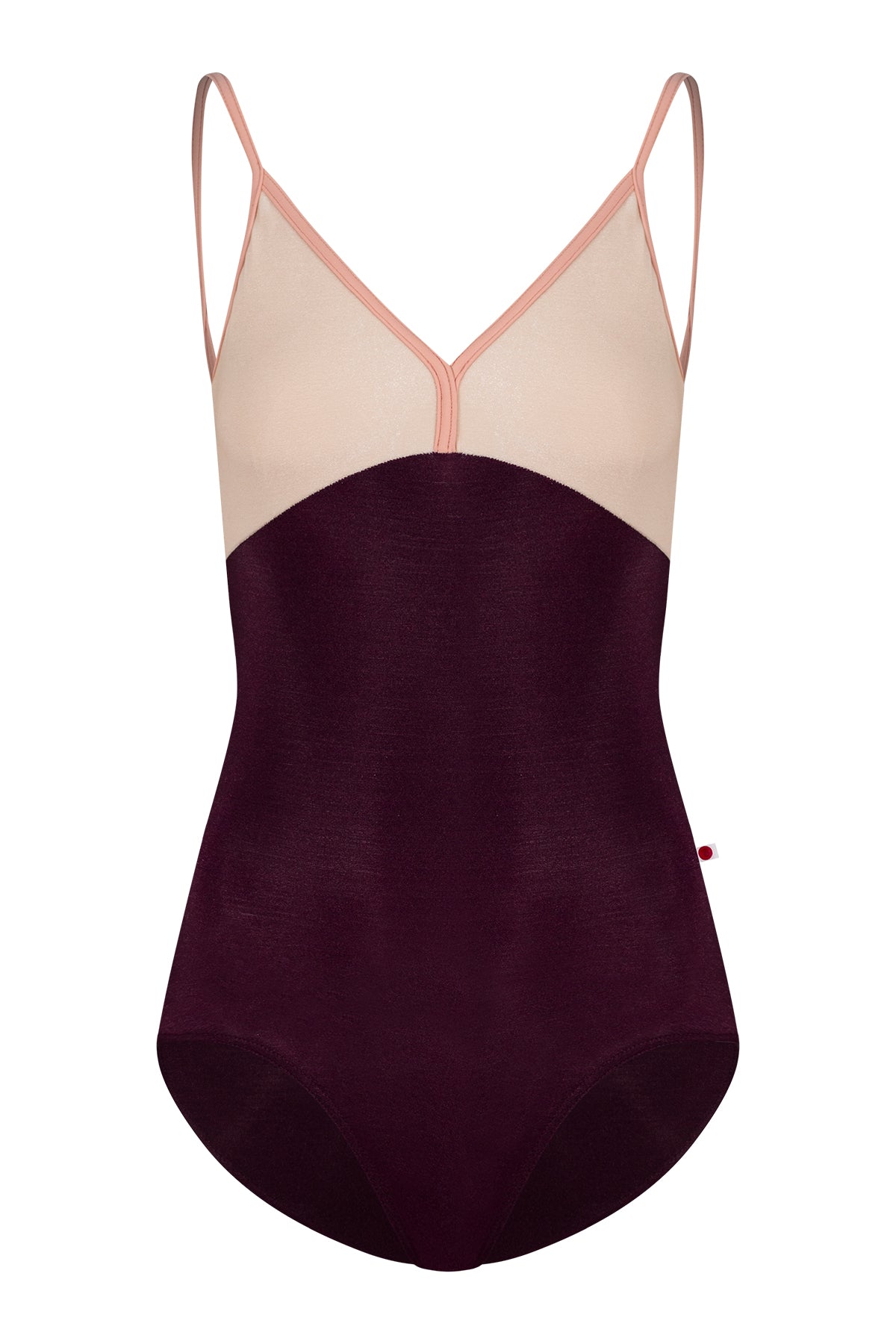 Daria leotard, blush mesh V-neck upper and a deep-burgundy body with thin blush straps.
