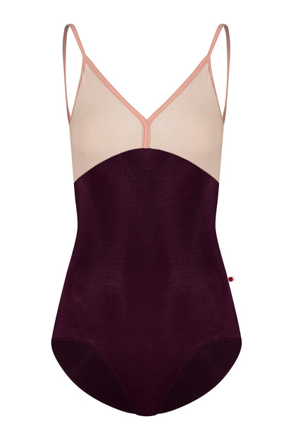 Daria leotard, blush mesh V-neck upper and a deep-burgundy body with thin blush straps.