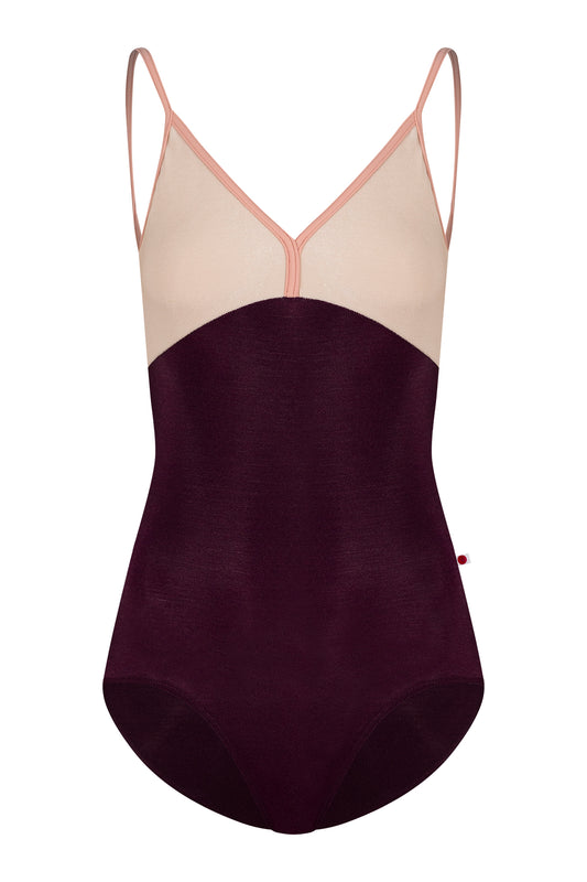 Daria leotard, blush mesh V-neck upper and a deep-burgundy body with thin blush straps.