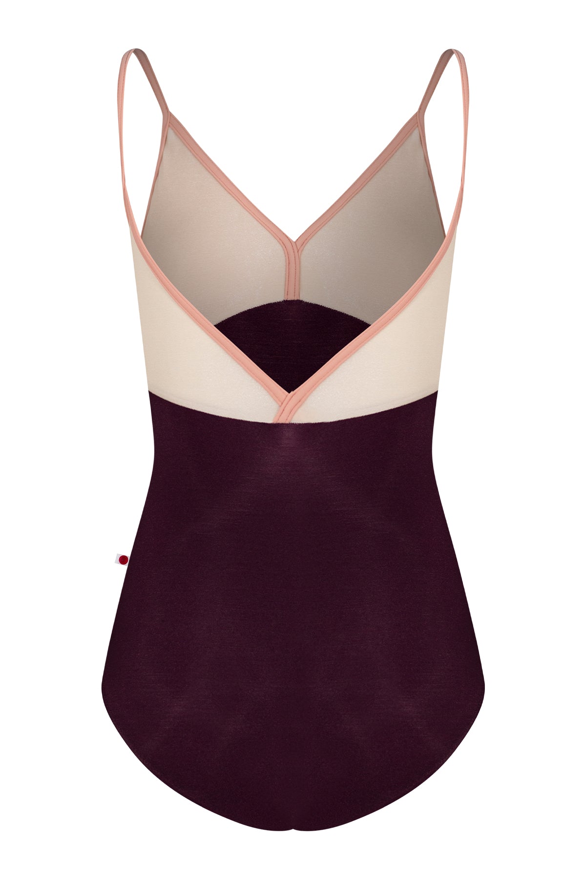 Daria leotard, blush mesh V-neck upper and a deep-burgundy body with thin blush straps.