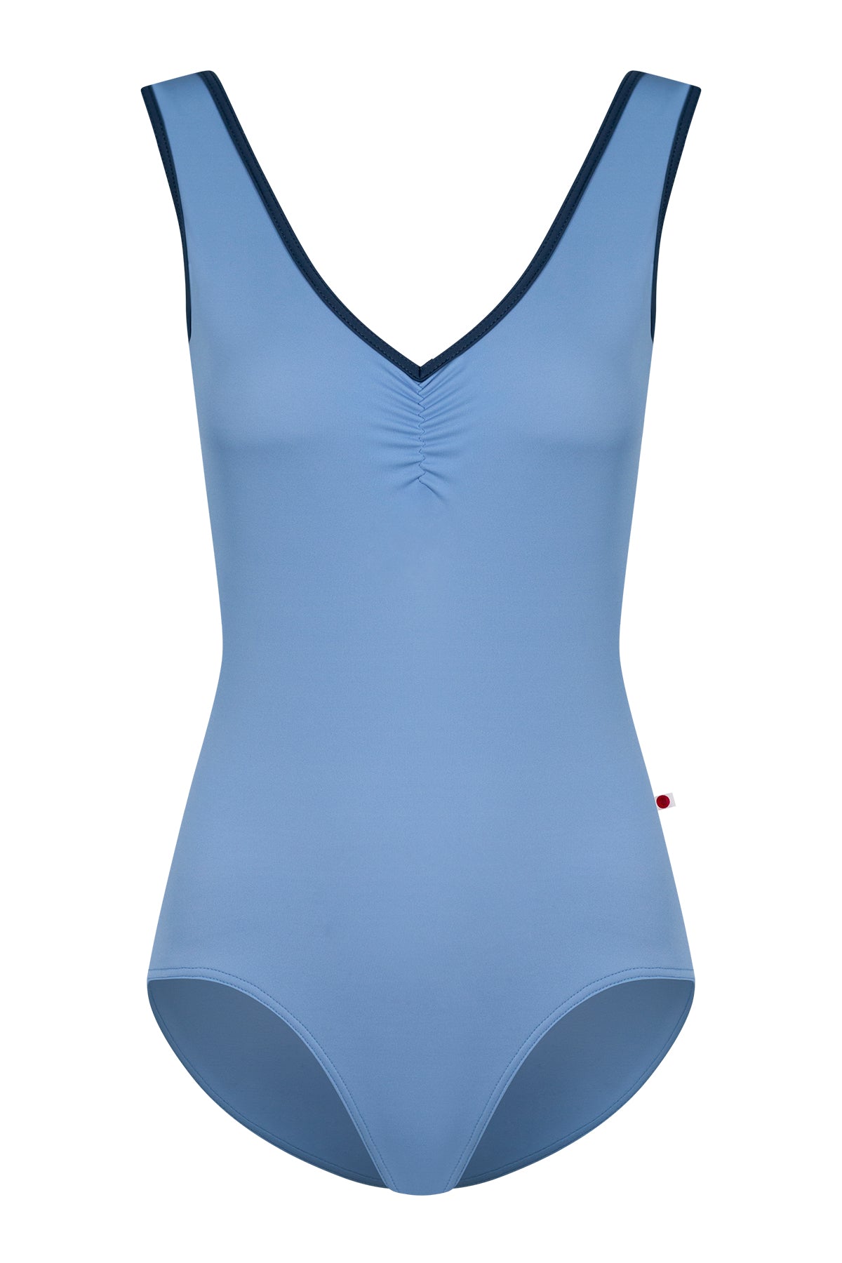 Gina leotard, cornflower-blue with a ruched V-neck and darker blue double-strap trim.
