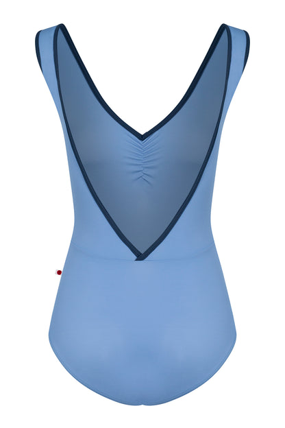 Gina leotard, cornflower-blue with a ruched V-neck and darker blue double-strap trim.