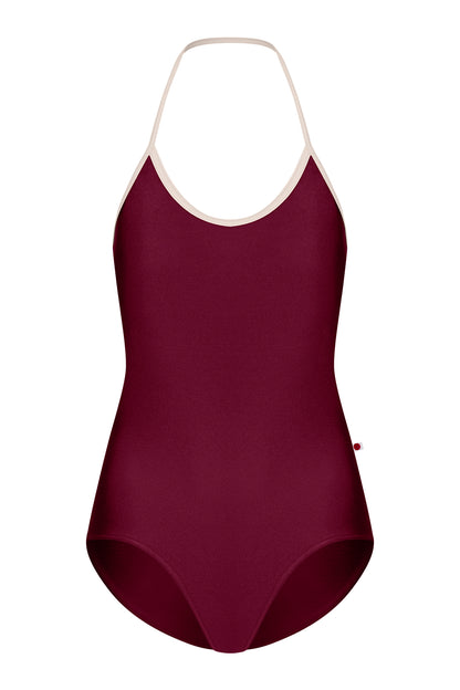 Kate leotard, deep-burgundy with a cream-trimmed halter neckline and open back.