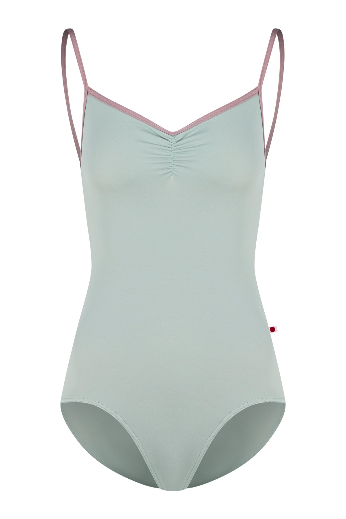 Kiki leotard, pale sage-green with a ruched V-neck and dusty-pink strap trim.