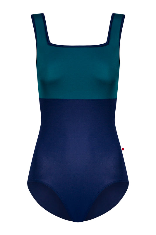 Marieke leotard, teal square-neck bodice and a navy body with navy trim.