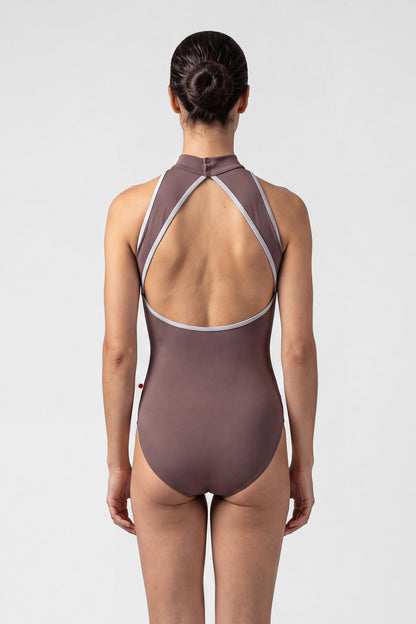 AI-generated model. Noe leotard, mocha-brown with a high halter neck and grey strap trim, open back.