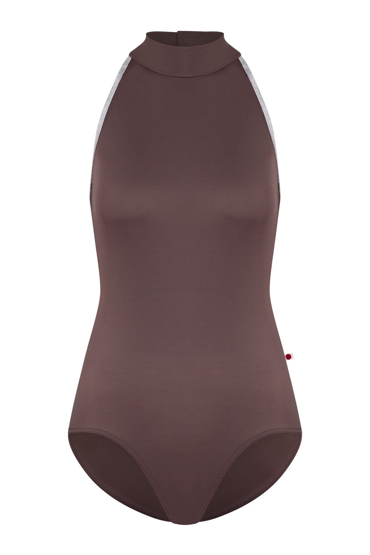 Noe leotard, mocha-brown with a high halter neck and grey strap trim, open back.