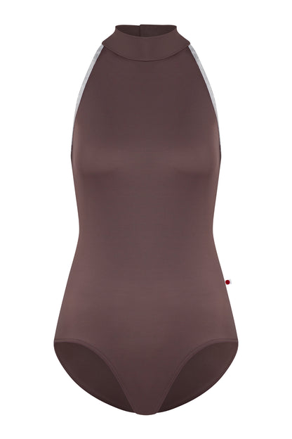 Noe leotard, mocha-brown with a high halter neck and grey strap trim, open back.