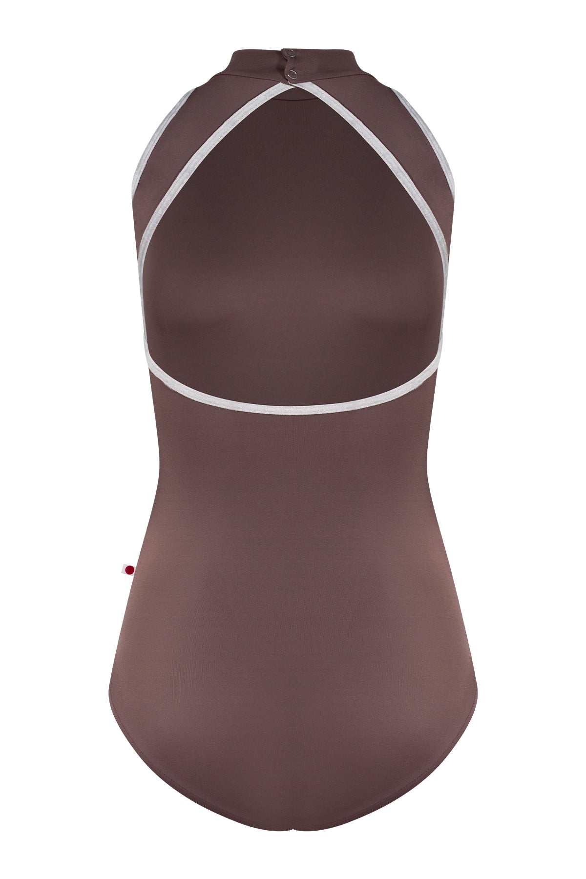 Noe leotard, mocha-brown with a high halter neck and grey strap trim, open back.