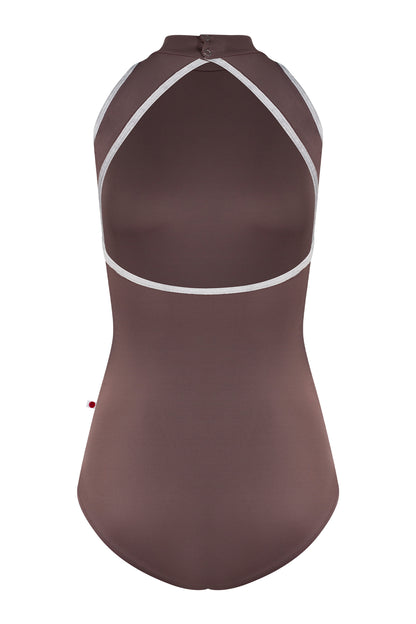 Noe leotard, mocha-brown with a high halter neck and grey strap trim, open back.
