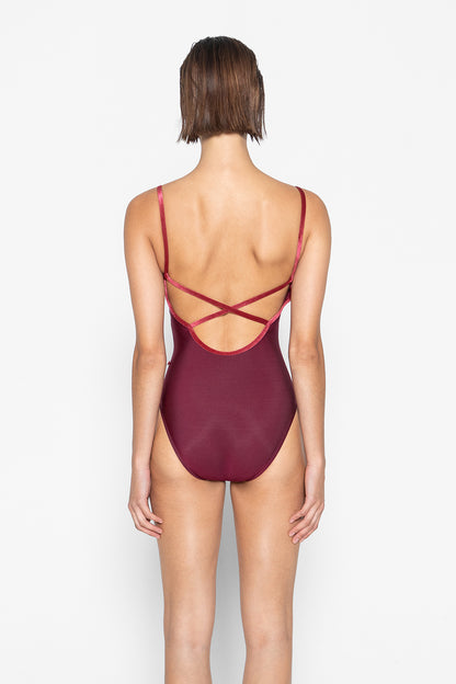 Daniela leotard in N-Burgundy body color with V-Cerise trim color