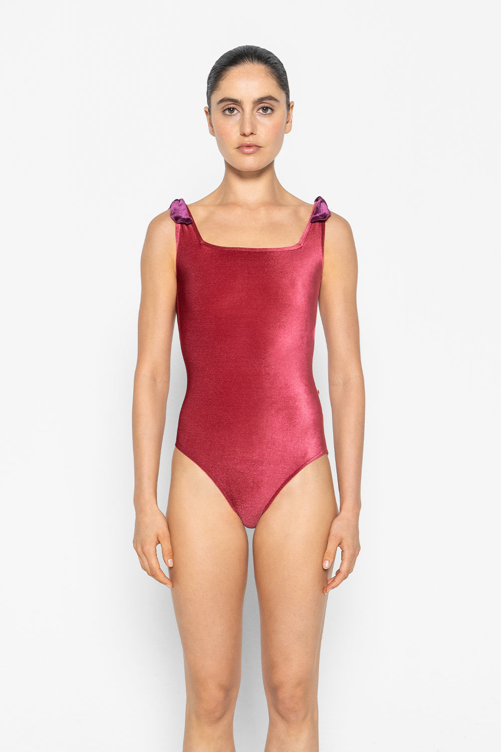 Marieke leotard in V-Cerise body & trim color with V-Roxy shoulder bows