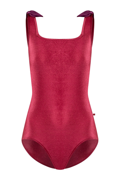Marieke leotard in V-Cerise body & trim color with V-Roxy shoulder bows