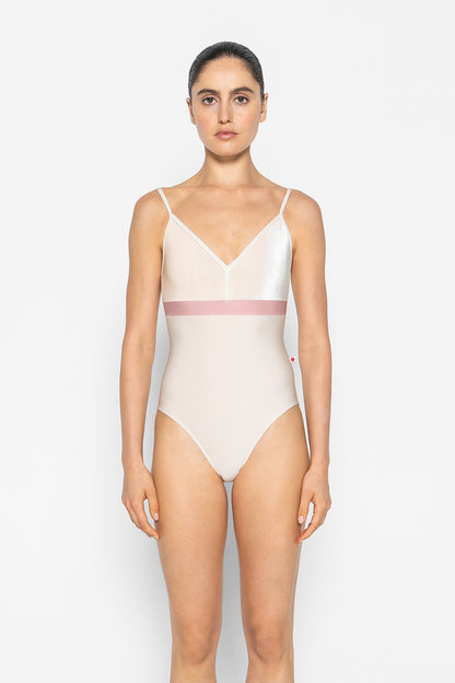 Zoe leotard in N-Pearl body & trim color with V-Buttermilk top color and N-Antique Rose middle band color