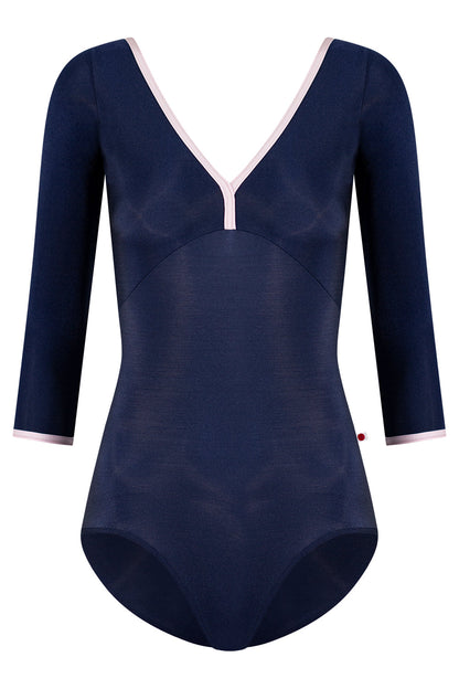 Alicia leotard in N-Dark Blue body & top color with N-Rose trim color and 3Q sleeves