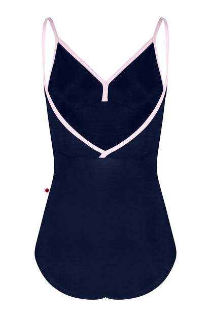 Kids Daria leotard in N-Dark Blue body & top color with N-Rose trim color