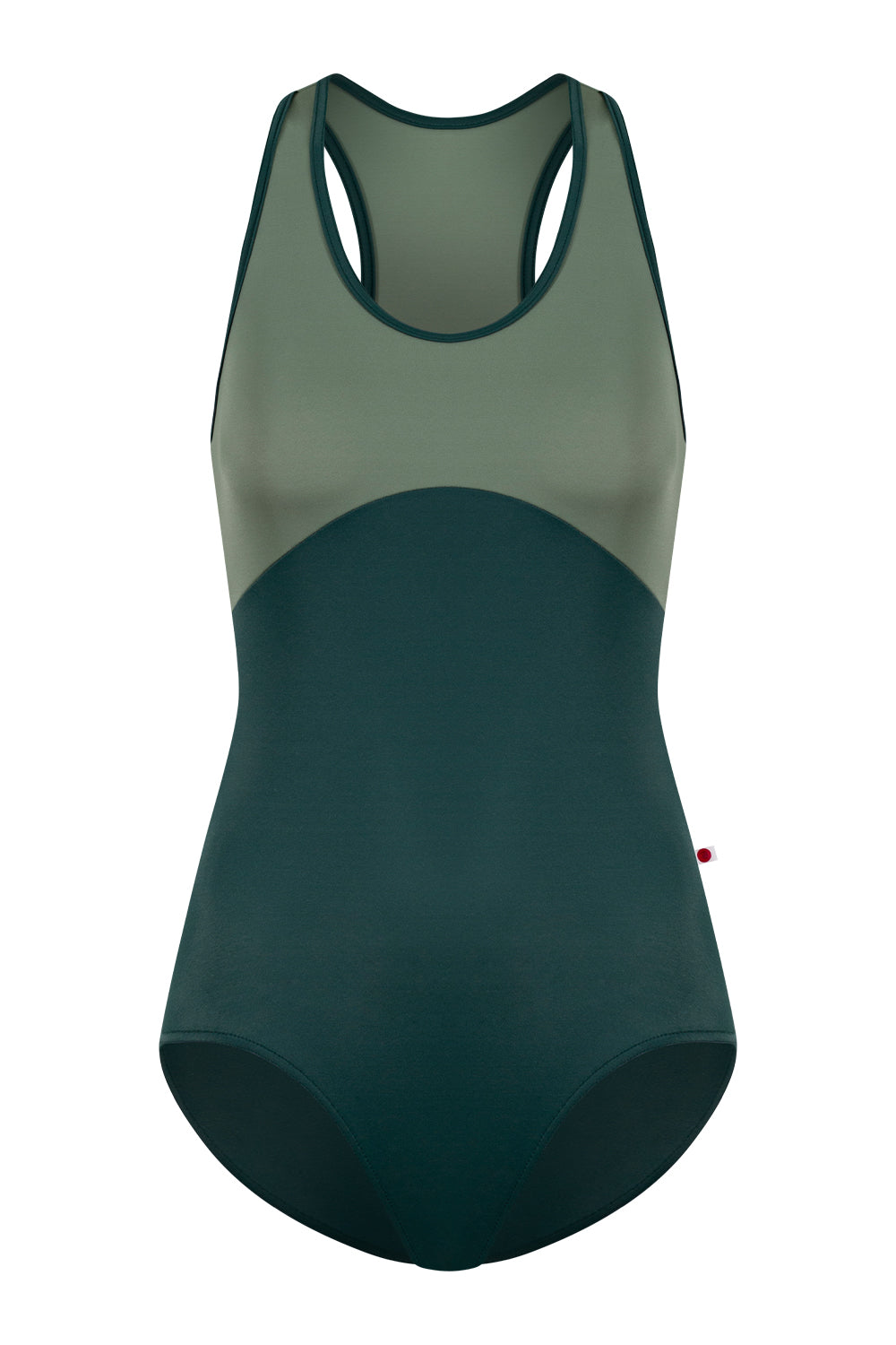 Laura Duo leotard in T-Kale body & trim color with T-Sage top color