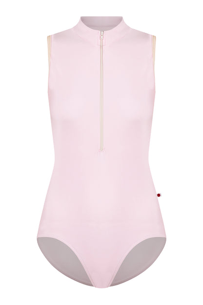 Charlotte leotard in N-Rose body color with V-Buttermilk trim & zipper color
