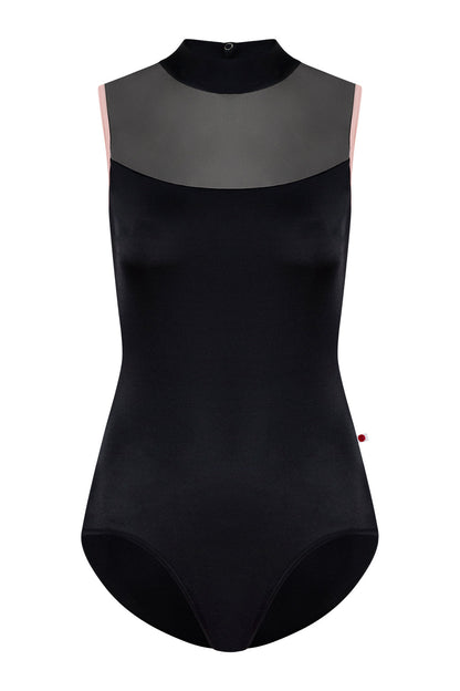 Camila leotard in T-Black body color with Mesh Black top color and T-Petal trim color