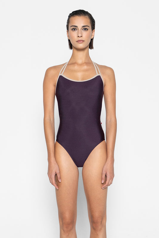 Lena leotard in N-Eggplant body color with T-Mosaic trim color