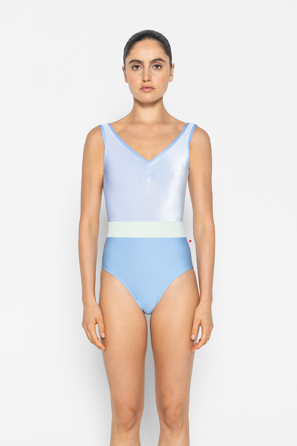Lucy leotard in N-Moontide body color with V-Serenade top color, N-Moontide trim color and T-Pistachio middle band color