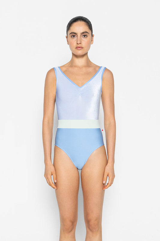 Lucy leotard in N-Moontide body color with V-Serenade top color, N-Moontide trim color and T-Pistachio middle band color