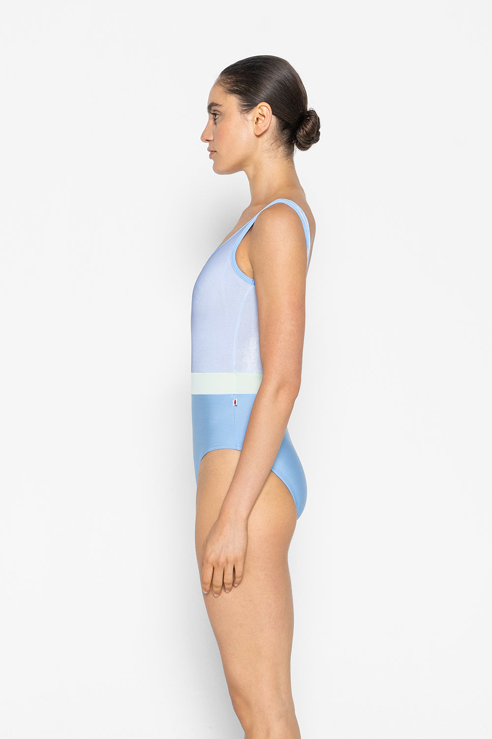 Lucy leotard in N-Moontide body color with V-Serenade top color, N-Moontide trim color and T-Pistachio middle band color