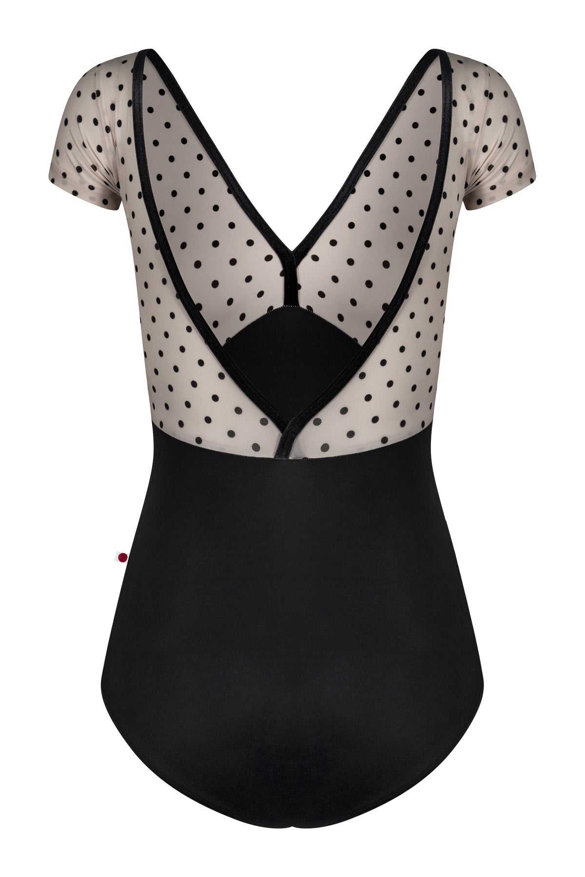 Alicia leotard, cream polka-dot cap-sleeve bodice with black V-neck trim and black body.