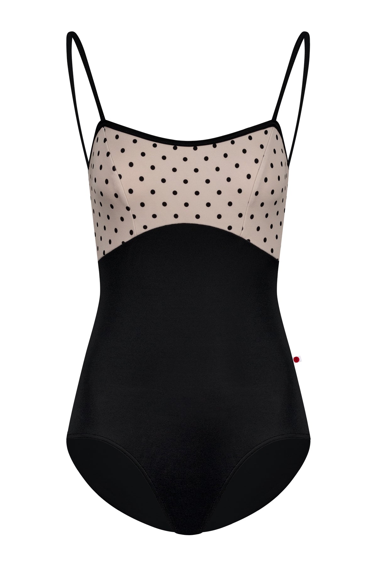 Denise leotard, cream polka-dot bust panel and black body, straight neckline with thin black straps.