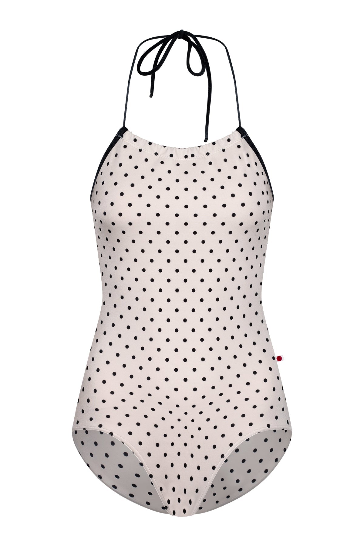 Monique leotard, all-over cream polka-dot with a black halter neckline.