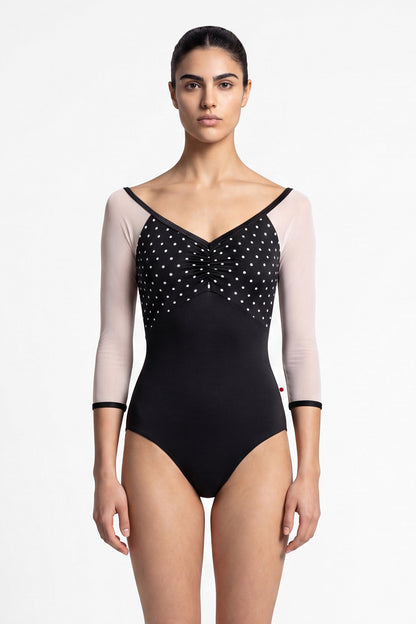 AI-generated model. Elli Mesh leotard, black T-Lunares polka-dot ruched bust with white mesh three-quarter sleeves and V-neck, black body.